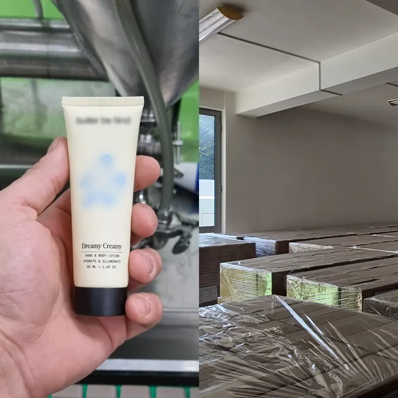 Hand and body lotion tube alongside packed pallets ready for shipment